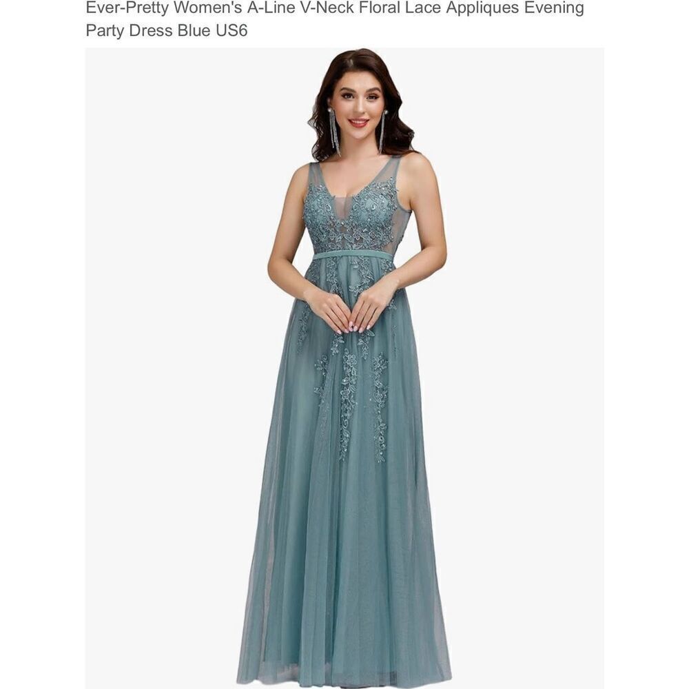 Ever- pretty a-line neck floral embroidered beaded lace dress M